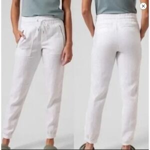 Athleta Cabo Linen Jogger Pants White Women's Size‎ 0 Elastic Waist Zip Pockets